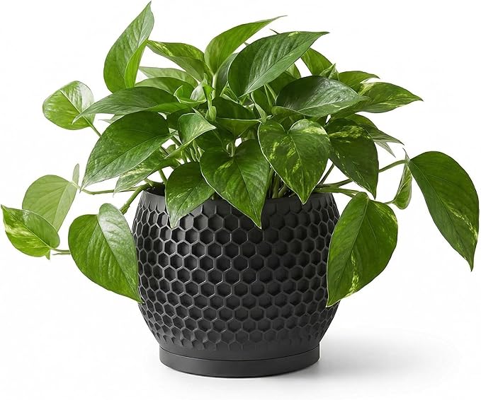 Plant Pots, Modern 3D Printed Honeycomb Planters for Indoor Plants, 4.7 Inch Matte Black Decorative Flower Pot for Office Desktop, Bookshelf & Home Decor, Lightweight & Durable.