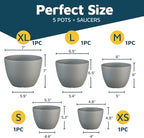 Planter Pots with Drainage Holes - Lightweight, Durable & Space-Saving Pots for Indoor and Outdoor - Versatile Functionality, Simple Modern Design, Set of 5 Plastic Planter Pots - Gray