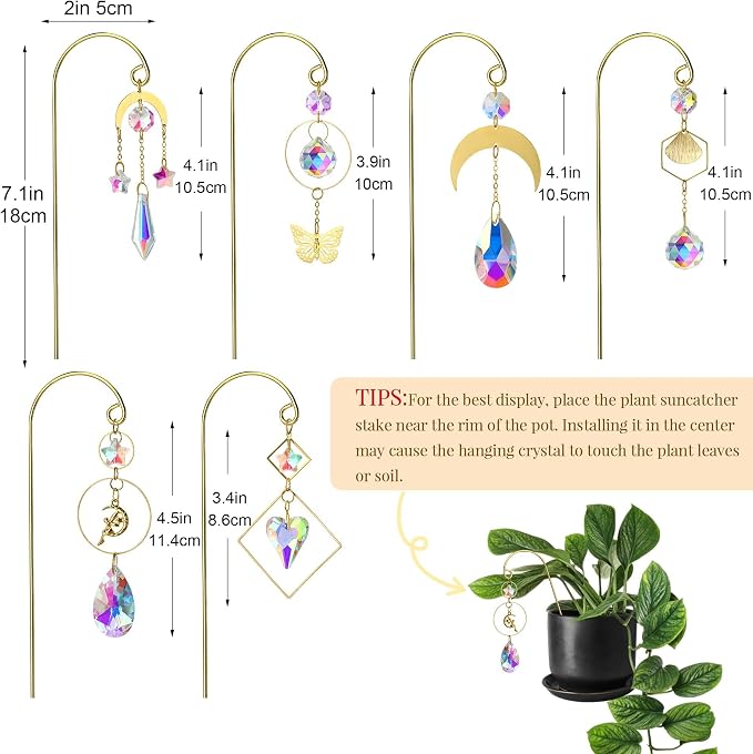 HDCRYSTALGIFTS 6 Pack Crystal Suncatcher, Garden Suncatchers with Gold Small Trellis for Potted Plants Indoor Plant Accessories Sun Catchers Trellis for Garden Home Window Decor