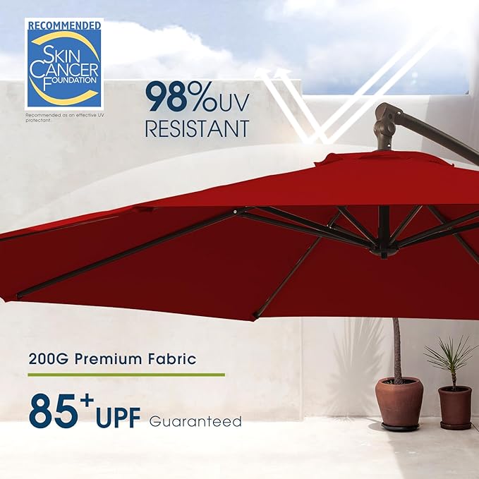 wikiwiki 10ft Patio Umbrellas Offset Outdoor Cantilever Hanging Umbrella, Fade Resistant Waterproof Recycled Fabric Canopy for Yard, Garden & Deck, Burgundy Red