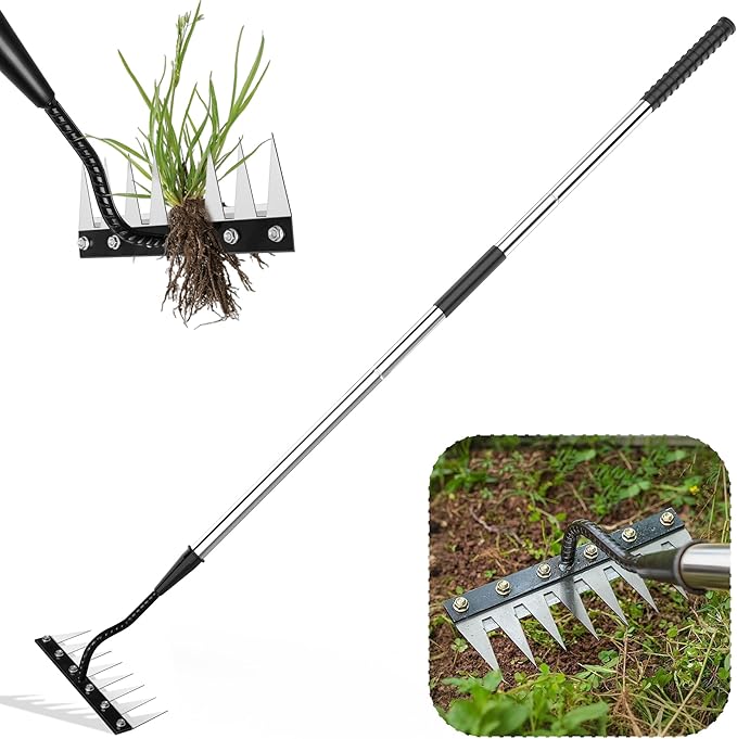 Iron Weeding Rake with Handle 2.0, Upgraded 8 Teeths Garden Weed Puller Tool Heavy Duty Gardening Tool for Lawn, Flower Beds & Soil Aeration