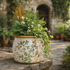 Vintage Ceramic Flower Pot - Indoor Outdoor Planters with Drainage Holes & Filter Screen, 6.5’’ Small Rustic Farmhouse Decorative Plant Pots for Garden/Patio/Balcony (Bicolor Vines, Small)