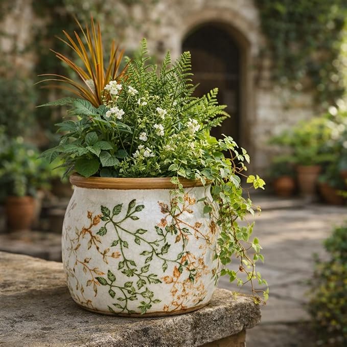 Vintage Ceramic Flower Pot - Indoor Outdoor Planters with Drainage Holes & Filter Screen, 6.5’’ Small Rustic Farmhouse Decorative Plant Pots for Garden/Patio/Balcony (Bicolor Vines, Small)