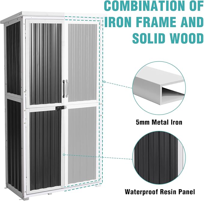 5FT Outdoor Storage Shed with 3-Level Adjustable Shelves – Durable, Weather-Resistant & Secure Storage Solution for Patio, Garden & Garage (White)