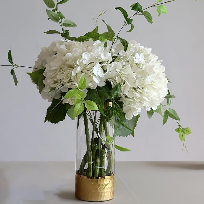 Buart 3PCS Long Stem Big Size Flowers Artificial Silk Hydrangea Lifelike Flowers Real Touch White Artificial Flowers Wedding Shower Bride Bouquets Office Living Room Table Decorations (21 Inch)