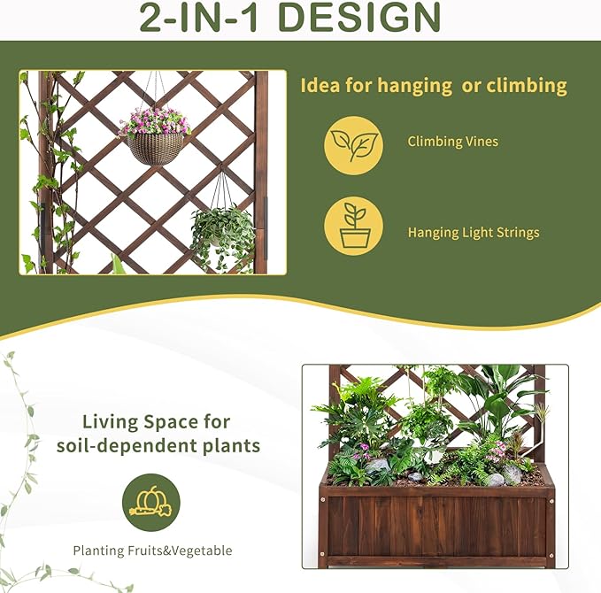 Outvita Wood Planter with Trellis, 29" x 17" x 67" Outdoor Raised Garden Bed with Drainage Holes, Vertical Standing Planter Box for Climbing Plants Vegetable in Garden, Patio, Balcony (Brown)