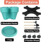 GameXcel Vertical Planter Tower - 5 Tier Stackable Garden Planters with Wheels and Tools Plant Pots for Strawberry Herb Flower and Vegetable Indoor Outdoor Use Teal
