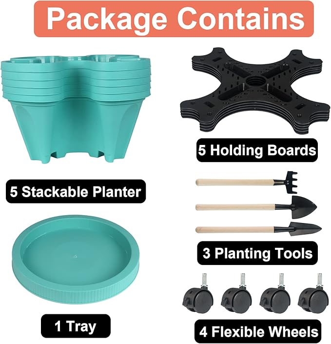 GameXcel Vertical Planter Tower - 5 Tier Stackable Garden Planters with Wheels and Tools Plant Pots for Strawberry Herb Flower and Vegetable Indoor Outdoor Use Teal