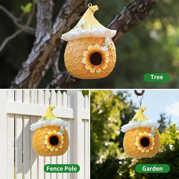 Bird Houses for Outside Yellow Cottage Resin Birdhouse, Garden Outdoor Decor Bird House with Flower and Bees, Birdhouses for Outdoors for Bluebird Finches Cardinals