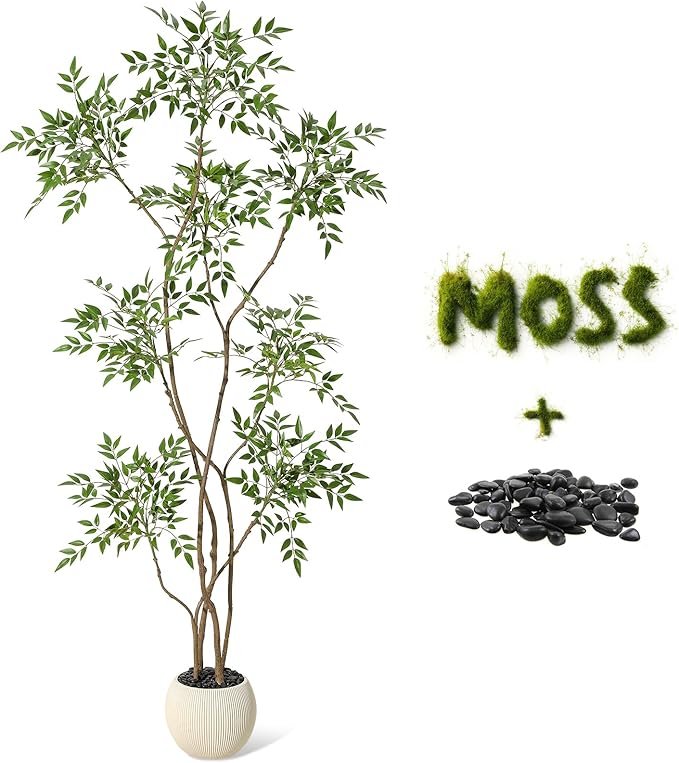 GarveeHome Artificial Plants Indoor,6 ft Tall Faux Floor Plant in Pot, Nandina Artificial Tree with White Planter for Home Decor Office Living Room