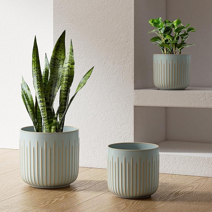 LE TAUCI Ceramic Pots for Plants, 8.3/7/6 Inch Indoor Planters with Drainage Holes & Mesh, Modern Glossy Glaze Cylinder Fluted Plant Pot for Snake Plant, Set of 3, Mist Gray