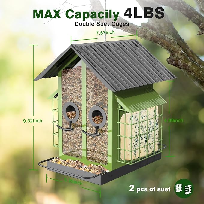 FlowaFoli Bird Feeders for Outdoors, Metal Bird Feeder with Double Suet Cage Weatherproof Metal Roof, 2 in 1 Mixed Seeds Suet Feeder, 4Lbs Large Capacity, Great for Finch、Cardinal、Chickadee（Green）