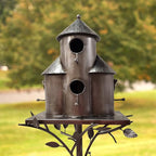 Zaer Ltd. Large Silver Colored Multi-Birdhouse Stakes, Room for 4 Bird Families in Each (Plump Triple Cylinder Homes (Silver Color))