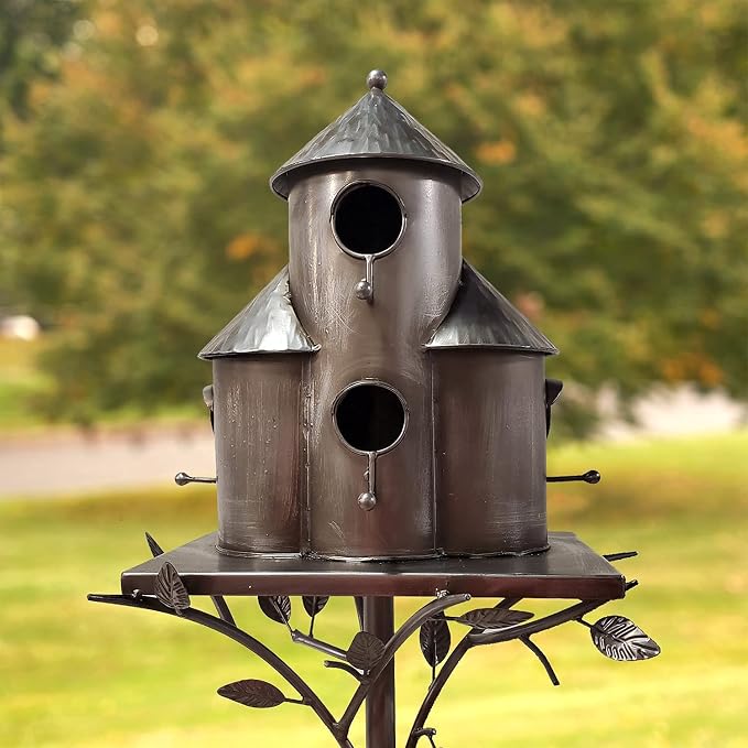 Zaer Ltd. Large Silver Colored Multi-Birdhouse Stakes, Room for 4 Bird Families in Each (Plump Triple Cylinder Homes (Silver Color))