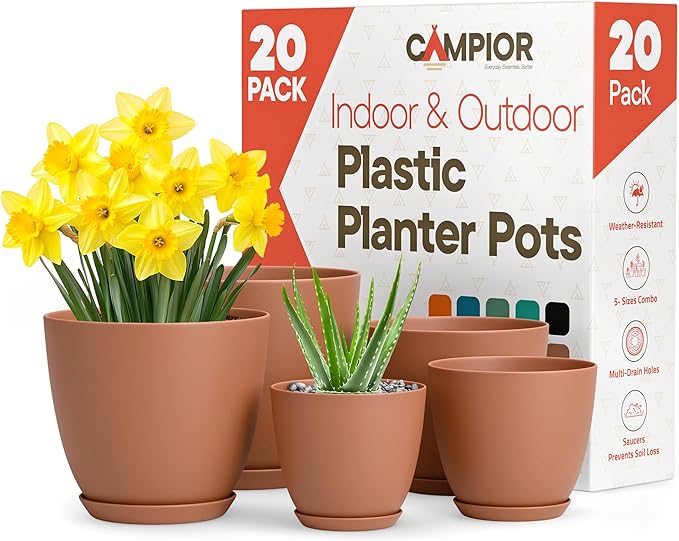 Planter Pots with Drainage Holes - Lightweight, Durable, and Space-Saving Pots for Indoor and Outdoor - Versatile Functionality, Simple Modern Design, Set of 20 Plastic Planter Pots - Terracotta
