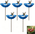 Handmade Metal Flower Garden Stake Bird Bath, Hummingbird Feeder, Bee & Butterfly Puddler, Mini Pollinator Watering Station for Garden Patio Lawn Yard Decor, Blue, 5PCS