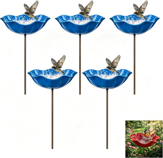 Handmade Metal Flower Garden Stake Bird Bath, Hummingbird Feeder, Bee & Butterfly Puddler, Mini Pollinator Watering Station for Garden Patio Lawn Yard Decor, Blue, 5PCS