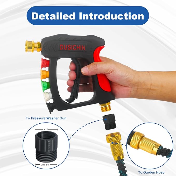 DUSICHIN Garden Hose Connector Pressure Washer Gun to Water Garden Hose Adapter, 3/4 INCHES GHT Male And Female to Power Washer Wand Handle M22 Female Fitting 3/4" GHT To M22 Joint DUS2623