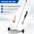 Toolwiz 15" Rolling Magnetic Sweeper 10lbs, with 8 lbs Telescopic Magnetic Pick Up tools with LED light– Telescoping Holder to Pick Up Nails Magnetic Sweeper for Construction