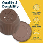 Brown 6-Inch Plant Pots with Drainage & Saucers 6 Pack, Indoor & Outdoor Planters for Houseplants, Herbs, and Flowers, Durable & Weatherproof Material, Stackable, Lightweight, Minimalist Design