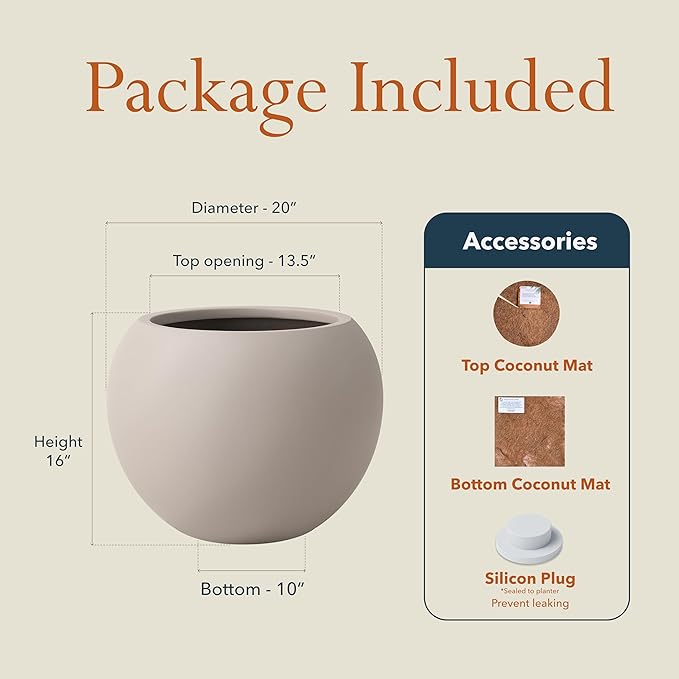 16" H x 20" D Premium Globo Fiberstone Round Planter with Drainage Hole, Smooth Finishes, Weather Resistant for Indoor and Outdoor Use, Included 2 Extra Coco Mats (Taupe, 13.5" Pot Opening)