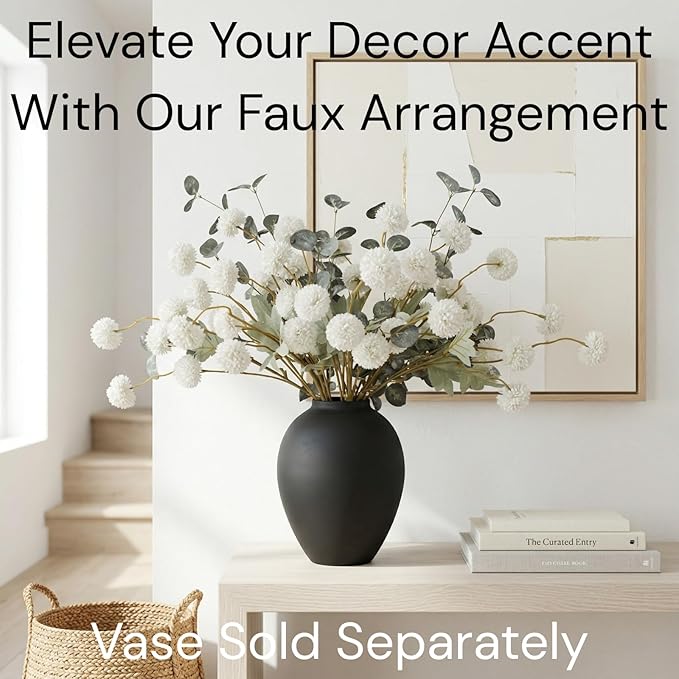 RyddeligHome White Faux Kiku Flowers for Vase - 10 Long Stem Artificial Flowers with Eucalyptus, Realistic Winter Floral Stems for Tall Vases, Farmhouse Home Decor (Premium Quality)