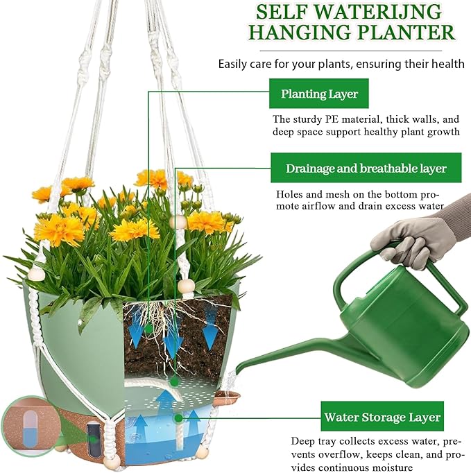 10 Inch Hanging Planters for Indoor Plants, 2 Pack Self Watering Hanging Baskets Flower Pots with Drainage Hole, Visual Reservoir & 2 Kinds of Plant Hanger for Home Decor(Green)