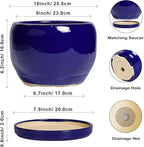 SQOWL Ceramic Plant Pot - 10 Inch Ceramic Planter for Indoor Outdoor, Round Flower Pot with Drainage Hole and Saucer, Modern Decorative Large Planter, Garden Decor, Plant Lover Gifts, Blue