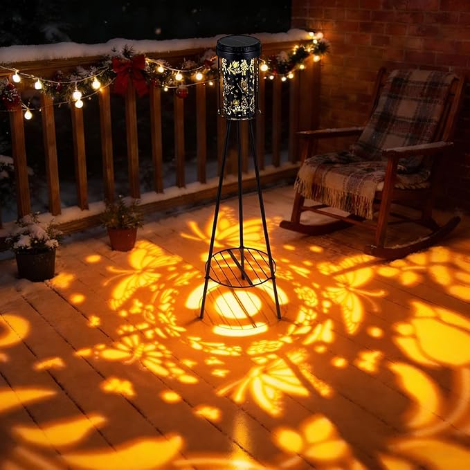 Solar Floor Lamps Outdoor RGB Butterfly Projection Metal Cordless Floor Lamp with Plant Stand,42.48 Inch Waterproof Decorative Garden,Patio,Porch,Yard,Path,Light,Black