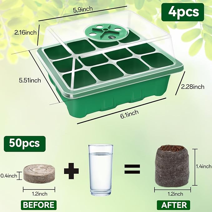 Halatool 4 Pack Seed Starter Tray with 50 PCS Peat Pellets, 48 Cells Green Seeding Starter Trays for Organic Seed Starter Soil Pods for Planting Vegetables Plants Flowers - Starting Seeds Kit