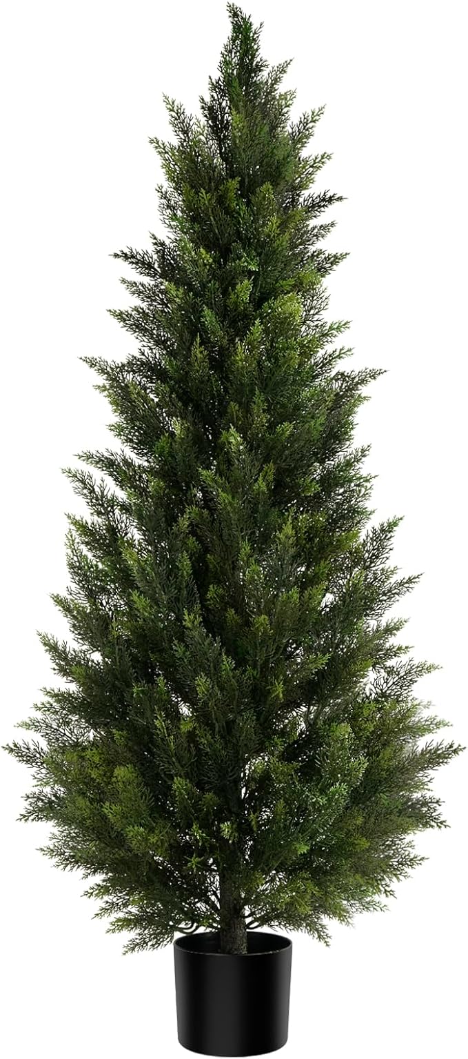Outdoor Artificial Cedar Topiary Tree, Faux Evergreen Shrubs for Front Porch Decor, Lifelike Fake Bushes Plants for Home Living Room Front Door Decor (1, 5ft)