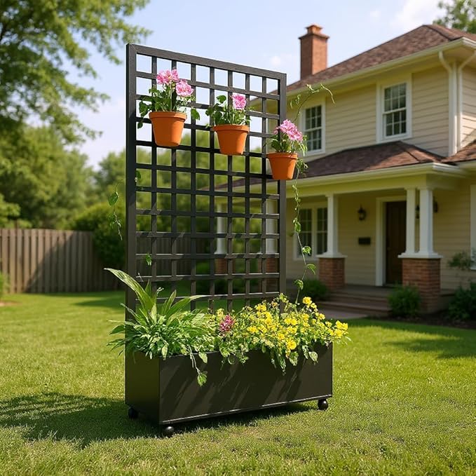 Garvee Metal Planter Box with Diamond Trellis, 72"X47" Galvanized Raised Garden Bed on Locking Wheels, Deep Planter with Drainage for Climbing Plants, Flowers, Patio & Balcony, Black