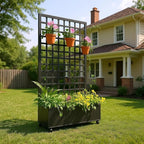 GarveeHome Metal Raised Garden Bed with Trellis and Wheels, Planter Box for Climbing Plants, Vegetables, with Square Lattice Trellis, Drainage Holes & Privacy Screen, for Garden & Backyard