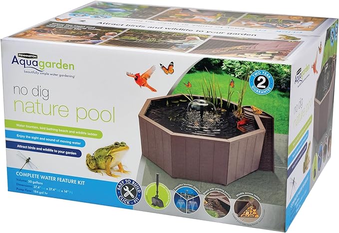 Aquagarden No Dig Nature Pool, Complete Water Feature Kit, Attract Birds and Wildlife to Your Yard, Includes Pond Structure, Liner, Fountain Pump, Nature Ladder, Planting Pocket