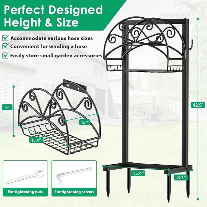 TomCare Garden Hose Holder Upgraded Water Hose Holder Heavy Duty 4 Spikes Hose Hanger Holds 160 Feet Hoses Stable Freestanding Hose Storage Organizer for Outside Yard