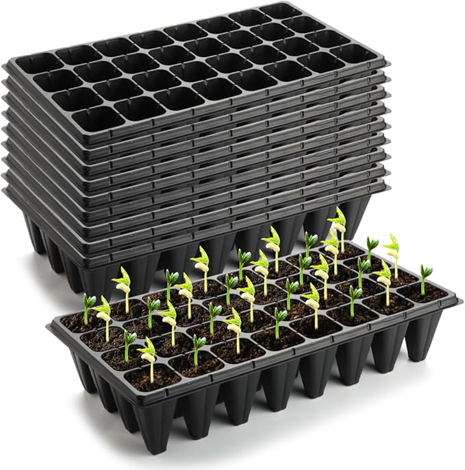 RooTrimmer 10 Pack 1020 Trays No Holes and 10 Pack 4.3" Deep 32 Cell Seed Starter Trays, 20" x 10" - Heavy Duty Plastic Nursery Flats for Seed Germination & Plant Propagation (10 Sets)