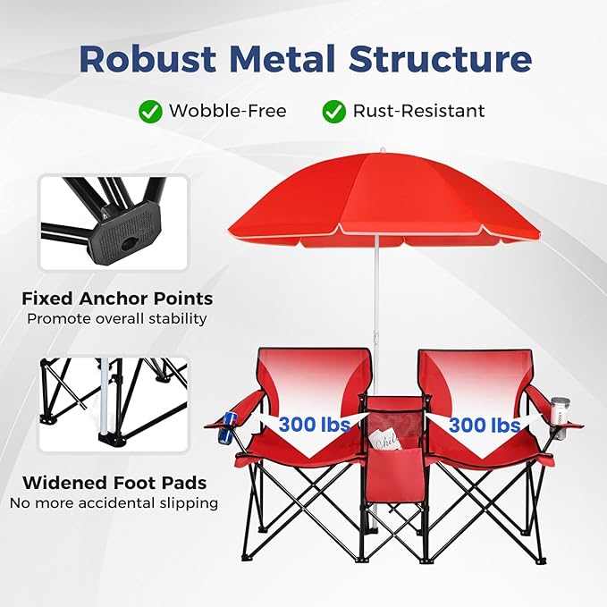 Goplus Double Camping Chair with Umbrella, Folding Loveseat Chairs w/Canopy Shade, Carrying Bag, Table, Cup Holder, Portable Beach Chairs Outdoor Picnic Patio (Red)