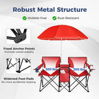 Goplus Double Camping Chair with Umbrella, Folding Loveseat Chairs w/Canopy Shade, Carrying Bag, Table, Cup Holder, Portable Beach Chairs Outdoor Picnic Patio (Red)
