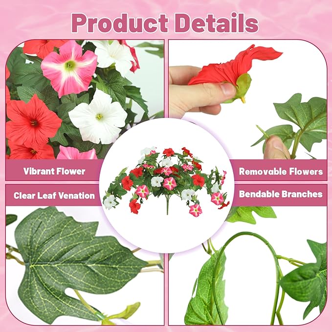 2 Pack Artificial Flowers Hanging Baskets for Outdoors, 10 PCS UV Resistant Faux Outdoor Plants, Fake Petunias Silk Flowers for Garden Balcony Yard Porch Decor (White Red Pink)