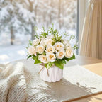 Artificial Flowers Fake Roses with Small Ceramic Vase - Desktop Decoration for Dining Tables, Living Rooms, Bedrooms, Offices for Weddings, Birthdays, Home Decor (White)