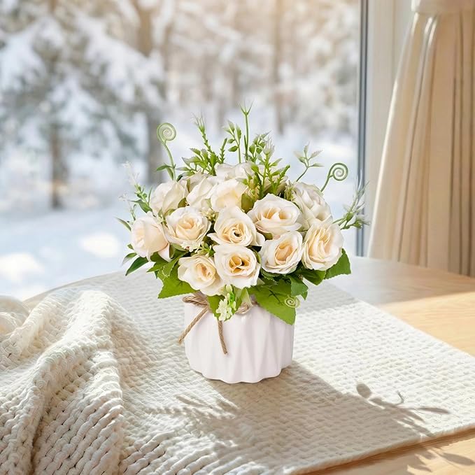 Artificial Flowers Fake Roses with Small Ceramic Vase - Desktop Decoration for Dining Tables, Living Rooms, Bedrooms, Offices for Weddings, Birthdays, Home Decor (White)