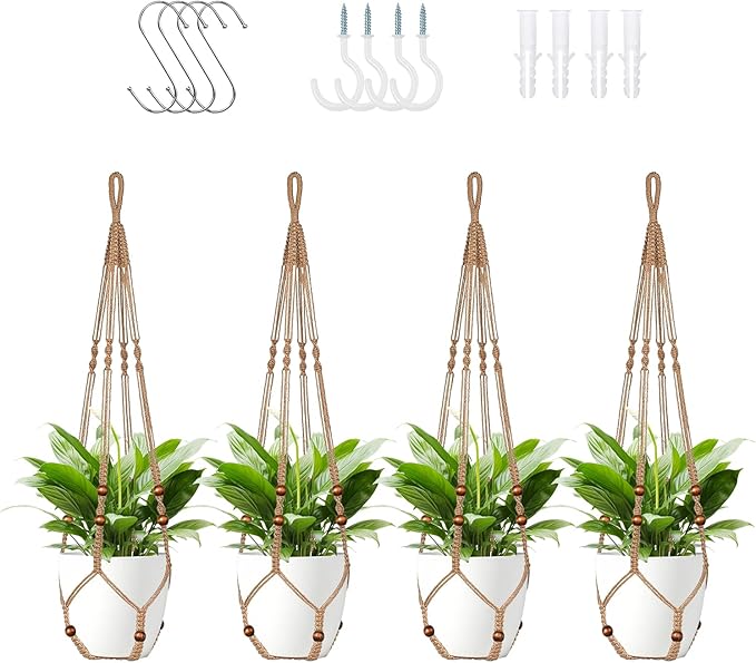 LEWESU Jute Macrame Plant Hanger Indoor Set of 4 Hanging Planter Basket Flower Pot Holder with Decorative Wood Beads & No Tassels for Indoor Outdoor Boho Home Decor, 35 Inch Brown (Pots Not Included)