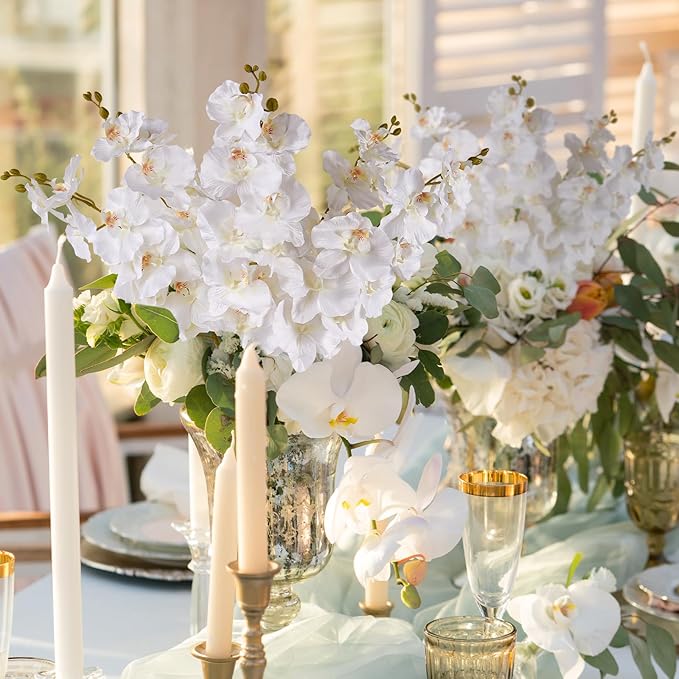 6 Pcs Artificial Orchid Stems 33.5" Tall 9 Large Petals Fake White Phalaenopsis Flower Arrangements for Home Wedding Living Room Table Centerpiece Office Table Decor White