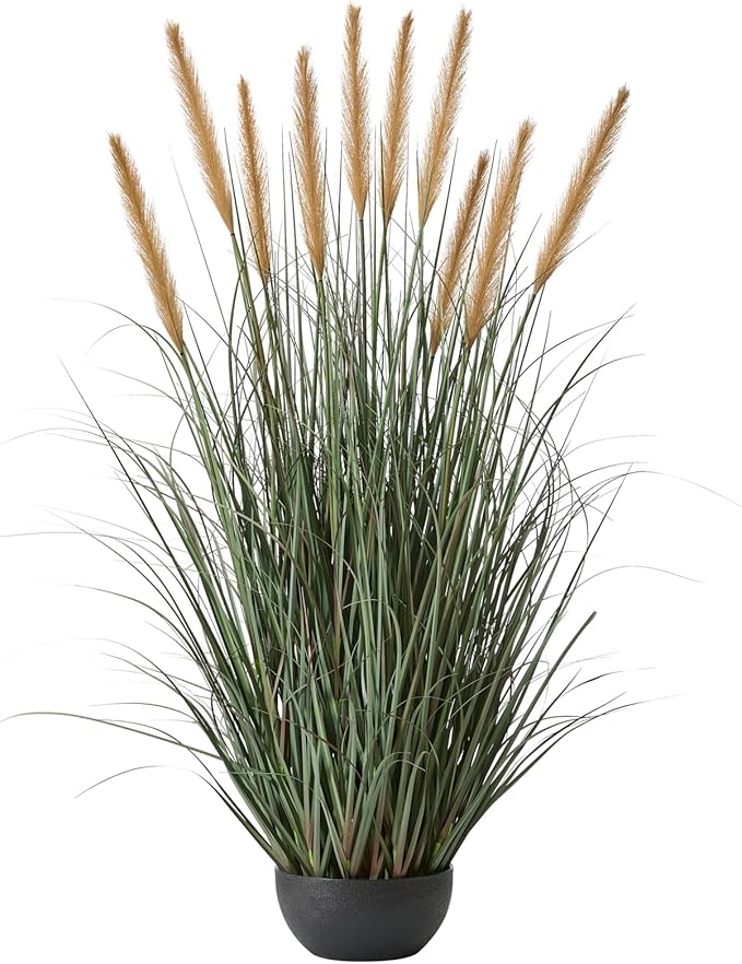 FloraFairy 4ft Onion Grass, Artificial Plant and Greenery, 48in Faux Horsetail Reed Grass with 10 Feathery Flower Heads, Potted Fake Floor Plants for Indoor Outdoor, House Decorative