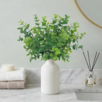 12" Artificial Sage Eucalyptus Stems Potted Plant - Realistic Small Fake Desk Plants for Office Home Decor, Faux Plants in Frosted Ceramic Vase for Indoor Spaces, Table Decor（7 pcs）