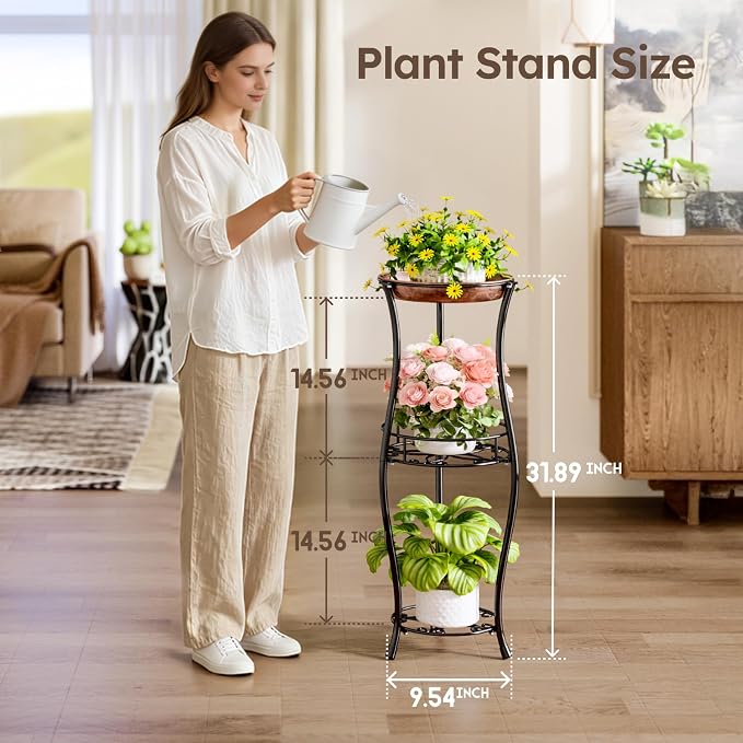 Homsorout Plant Stand Indoor Outdoor - 3 Tier 32" Tall Metal Plant Shelf with Bird Bath, Rustproof Stable Flower Pot Holder for Planter Corner Garden Balcony Patio, Black