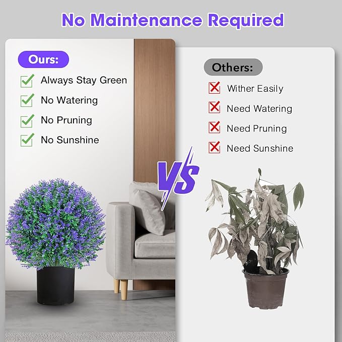 25.6" Artificial Lavender Topiary Ball Plants, 2 Pack Faux Bushes with Spike – UV Resistant & Fade Resistant Artificial Shrubs, Spring Artificial Plants for Indoor Outdoor Front Porch Garden