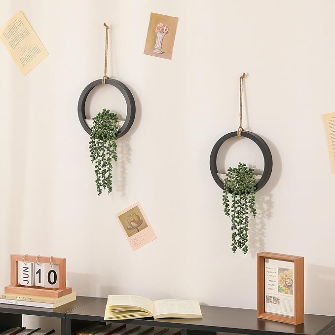 Boho Wall Decor, 2Pcs Fake Hanging Plants Artificial Succulents, Indoor Hanging Planter Greenery Decor, Perfect for Bathroom Living Room Bedroom Office Washroom, Faux Succulent Wall Floating Plants