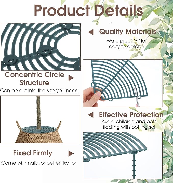 Nogeqi 2pcs Plants Covers Soil,7.5/11.8 Inch Plant Pot Grid,Plastic Plant Covers from Animals with Ground Nails,Keep Dog and Cat Out of Potted Plants for Indoor (Large Small Dark Green)