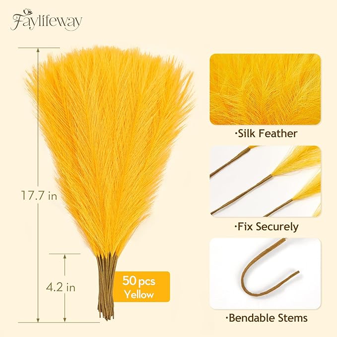 50PCS Pampas Grass Decor, 17" Yellow Pompas Grass, Fluffy Small Pampas Grass for Vase Filler Home Wedding Wall Table Party Decoration